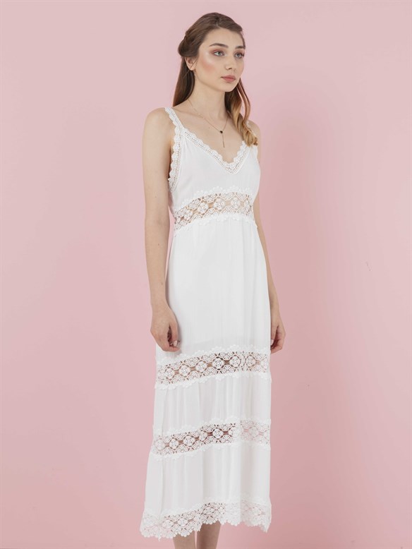 The Natural People Dantel Askılı Maxi Elbise - Off White (Kırık Beyaz)